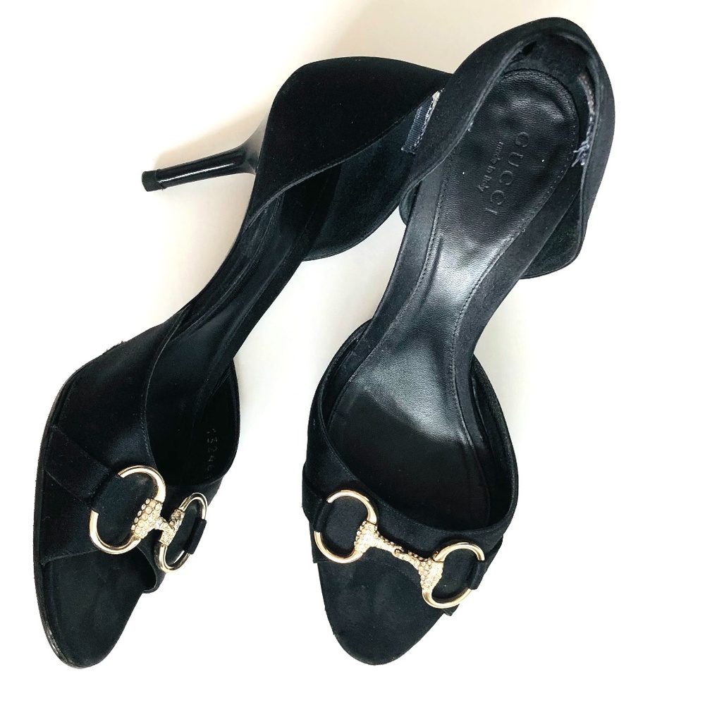 Gucci Black Satin Peep toe D'orsay Heels